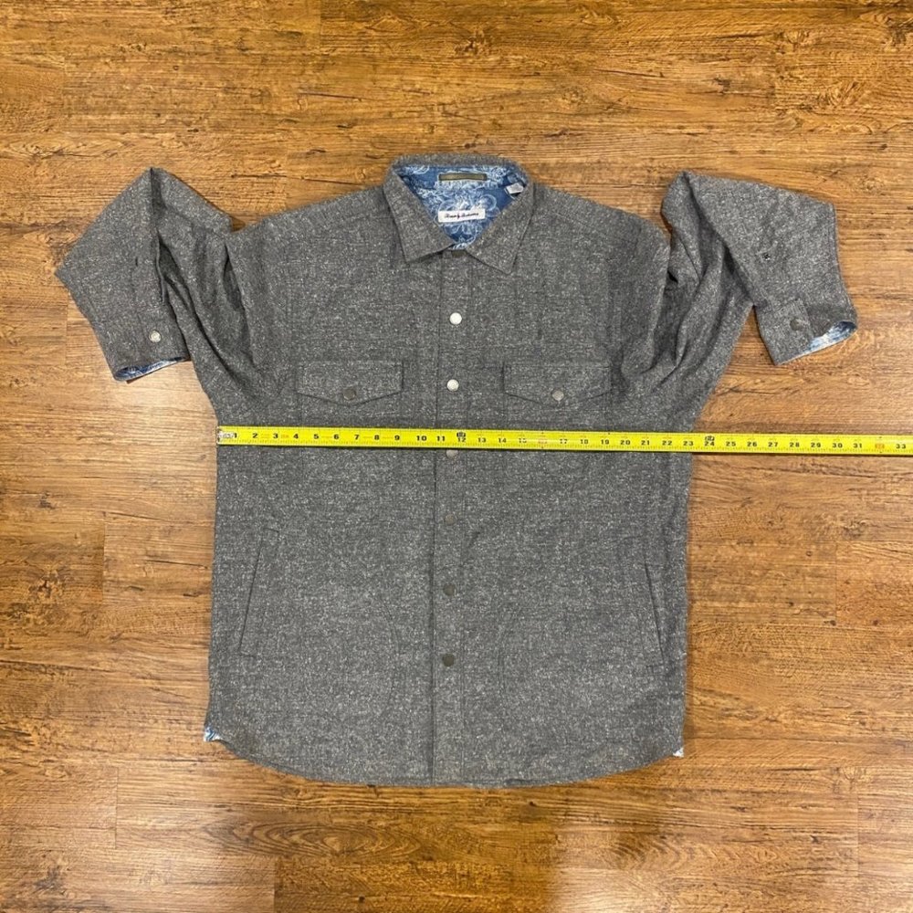 Tommy Bahama Gray Multi-Pocket Metal Snap Button Flannel Shirt Flip Cuff  Mens L - Picture 11 of 12